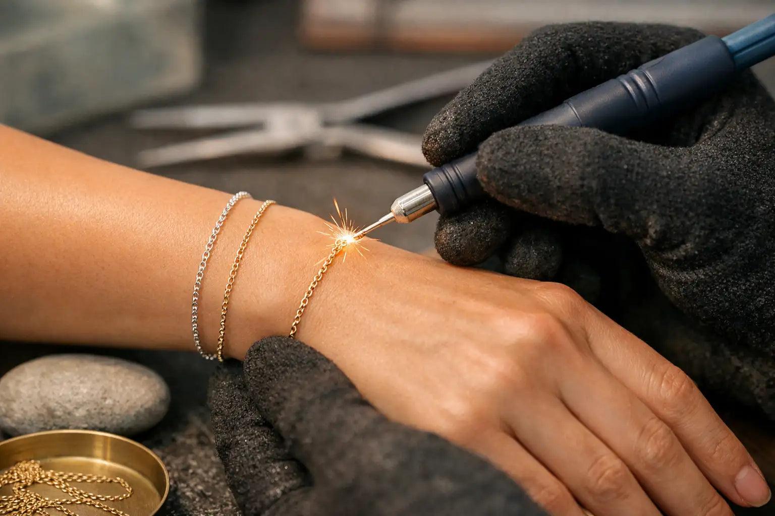 An EverLink permanent bracelet being carefully welded onto a wrist